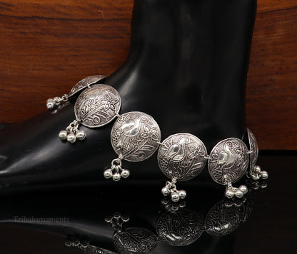 Vintage parrot bird style sterling silver anklets with hanging drops, handmade belly dance jewelry by TRIBAL ORNAMENTS.