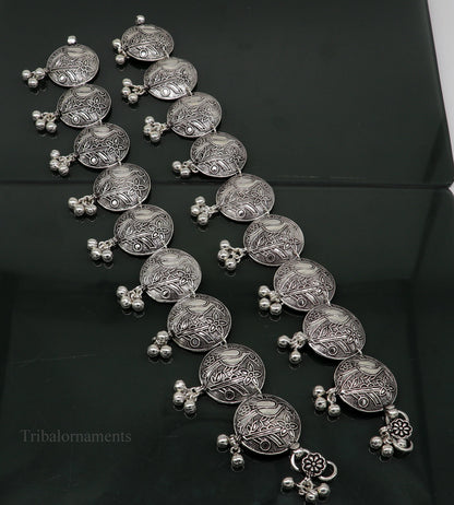 Vintage parrot bird style sterling silver anklet with hanging drops, handmade tribal jewelry for belly dance by TRIBAL ORNAMENTS.