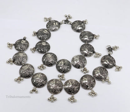 Vintage parrot bird style sterling silver anklet with hanging drops, handmade tribal jewelry by TRIBAL ORNAMENTS.