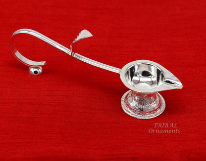 Vintage solid silver Kapoor Deepak Aarti lamp, handmade temple utensil with intricate design by TRIBAL ORNAMENTS.
