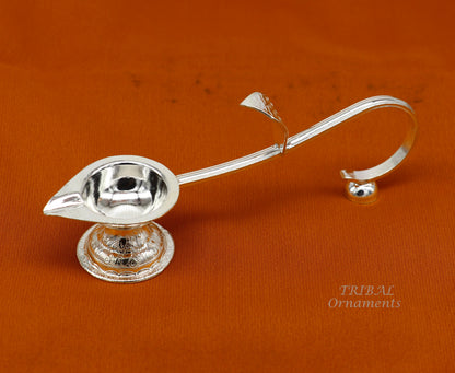 Vintage 925 solid silver handmade Kapoor Deepak Aarti temple utensil with single silver diya and intricate design by Tribal Ornaments.