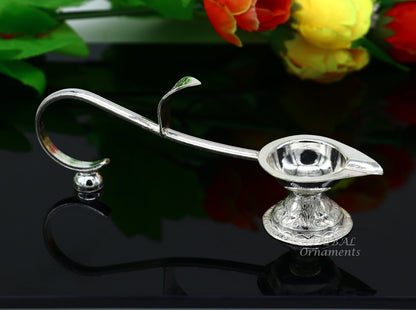 Vintage silver Kapoor Deepak Aarti lamp by TRIBAL ORNAMENTS, handcrafted solid silver diya for temple rituals and worship.