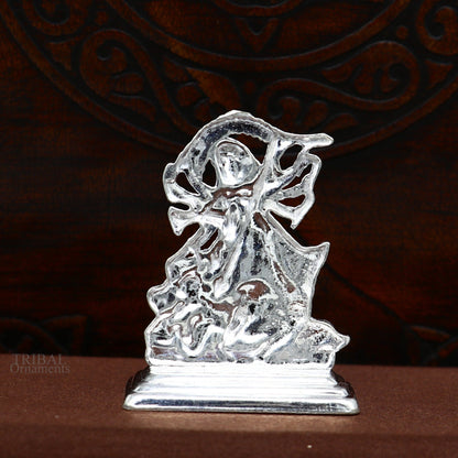 Handcrafted 925 sterling silver Goddess Kali Maa statue, Indian silver idol depicting Mother Kalika, detailed sculpture for gifting or decor.