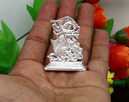 Handcrafted 925 Sterling silver Goddess Kali Maa statue, Indian silver idol depicting Mother Kalika in traditional art style.
