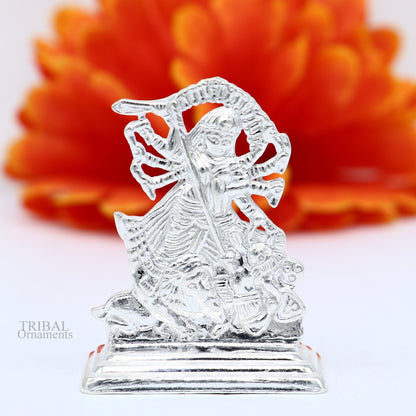 Handcrafted 925 sterling silver Goddess Kali Maa statue, Indian silver idol of Mother Kalika, detailed sculpture, ideal for gifting.