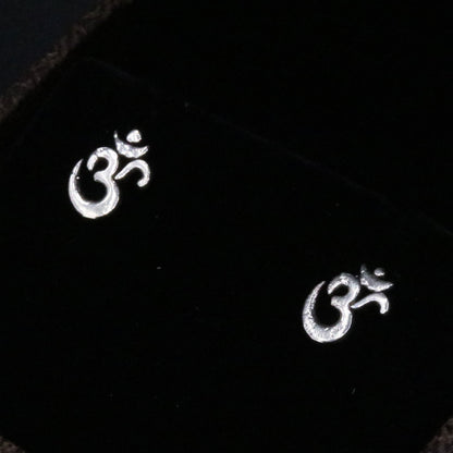 925 Sterling silver handmade Aum Om stud earring by TRIBAL ORNAMENTS featuring Indian idol symbol for unisex jewelry.