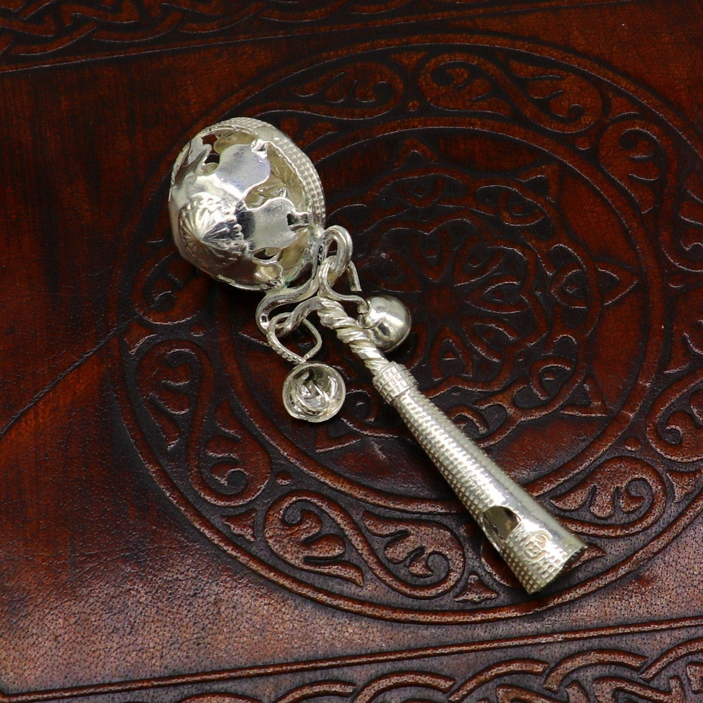 Solid sterling silver handmade design new born baby gifting bells toy, baby krishna gifting toy, silver whistle, silver temple article su192 - TRIBAL ORNAMENTS