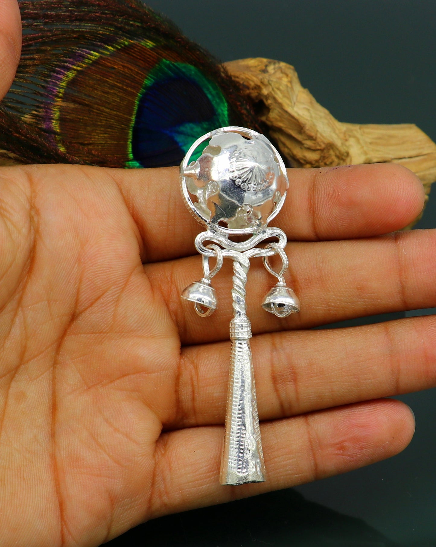 Solid sterling silver handmade design new born baby gifting bells toy, baby krishna gifting toy, silver whistle, silver temple article su192 - TRIBAL ORNAMENTS