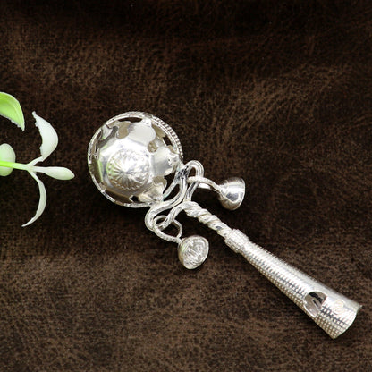 Solid sterling silver handmade design new born baby gifting bells toy, baby krishna gifting toy, silver whistle, silver temple article su192 - TRIBAL ORNAMENTS