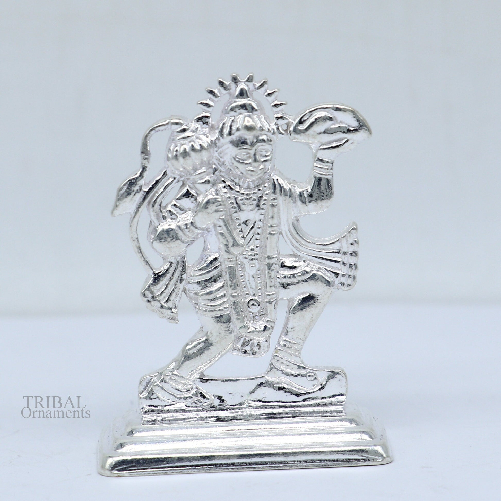 Sterling silver handmade Idols Lord Hanumaan BajaranBali flying with mountain statue figurine, puja articles decorative gift puja art485 - TRIBAL ORNAMENTS