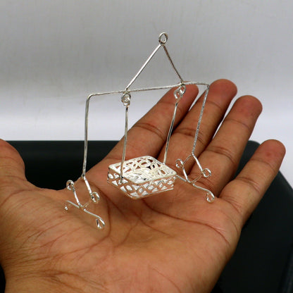 Sterling silver handmade Bal Gopala Krishna swing, lightweight child krishan palana jhula, intricate silver laddu gopal jhula.