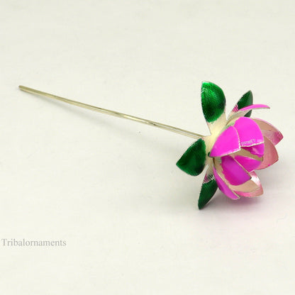 Solid sterling silver handmade small lotus flower puja god temple article, excellent customized enamel silver worshipping articles su451 - TRIBAL ORNAMENTS