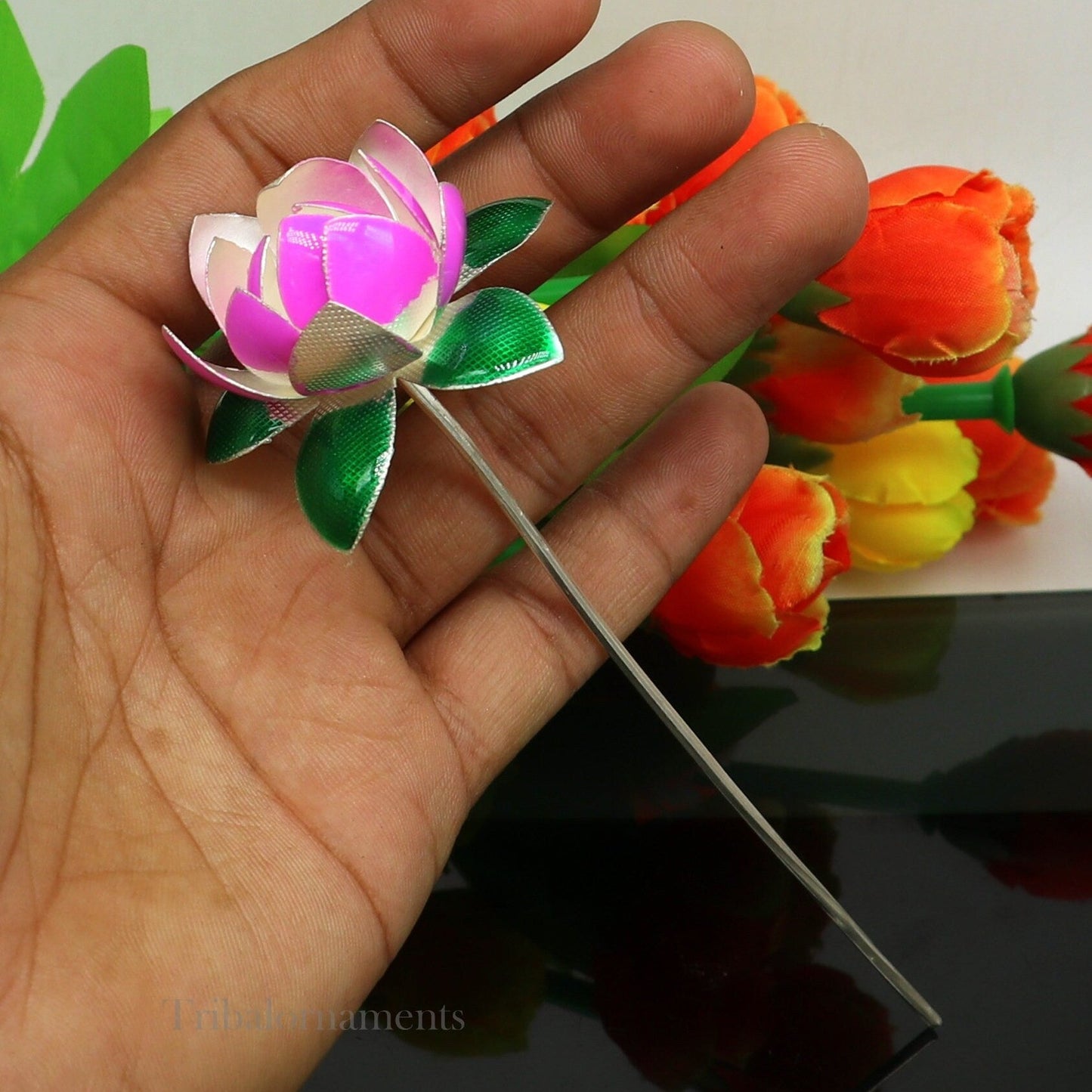 Solid sterling silver handmade small lotus flower puja god temple article, excellent enamel silver diwali puja flower  articles su549 - TRIBAL ORNAMENTS