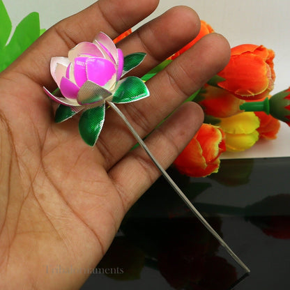 Solid sterling silver handmade small lotus flower puja god temple article, excellent enamel silver diwali puja flower  articles su549 - TRIBAL ORNAMENTS
