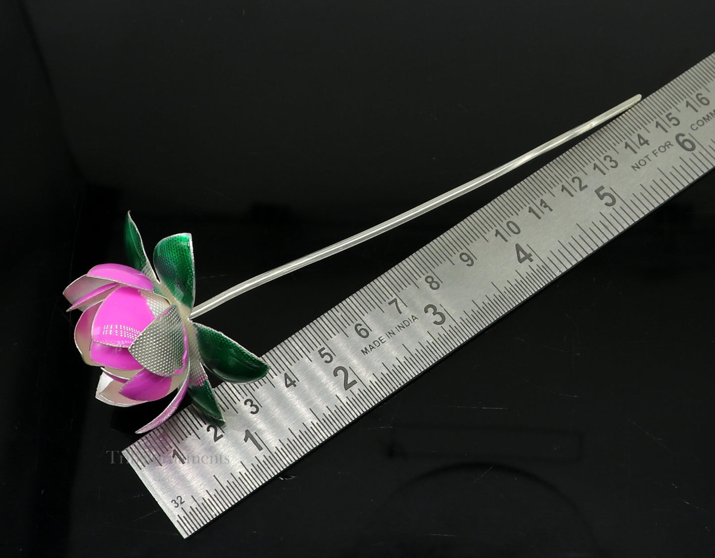 Solid sterling silver handmade small lotus flower puja god temple article, excellent enamel silver diwali puja flower  articles su549 - TRIBAL ORNAMENTS