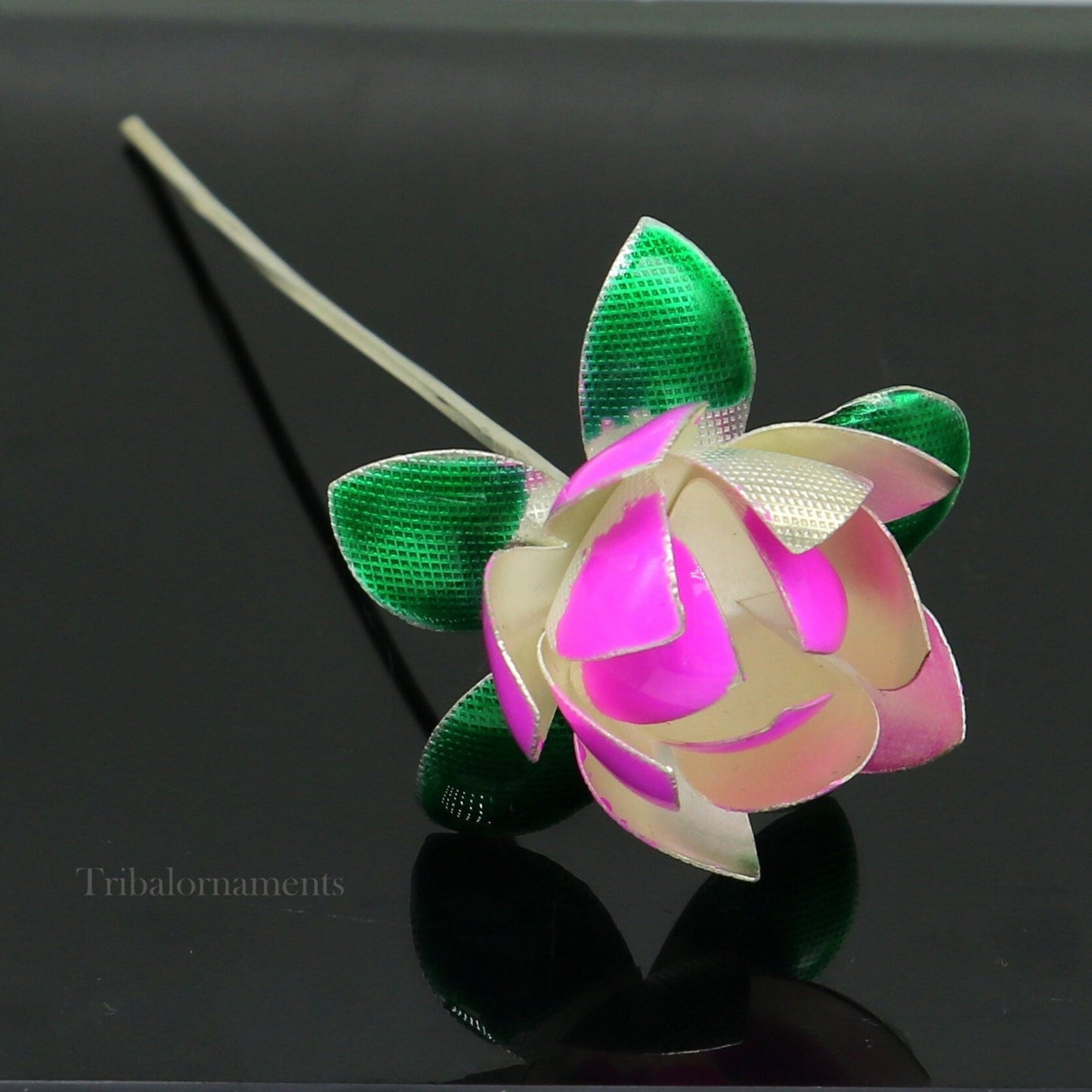 Solid sterling silver handmade small lotus flower puja god temple article, excellent enamel silver diwali puja flower  articles su549 - TRIBAL ORNAMENTS