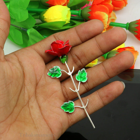 Solid sterling silver handmade small red Rose flower puja god temple article, excellent three color enamel silver worshipping articles su551 - TRIBAL ORNAMENTS