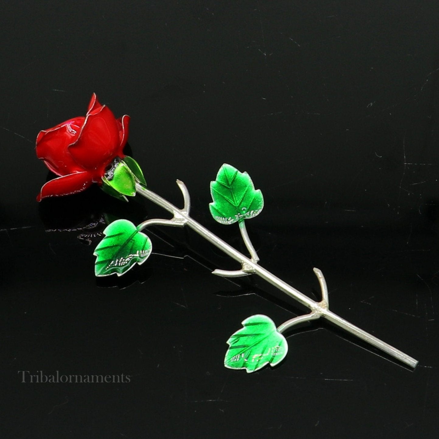 Solid sterling silver handmade small red Rose flower puja god temple article, excellent three color enamel silver worshipping articles su551 - TRIBAL ORNAMENTS