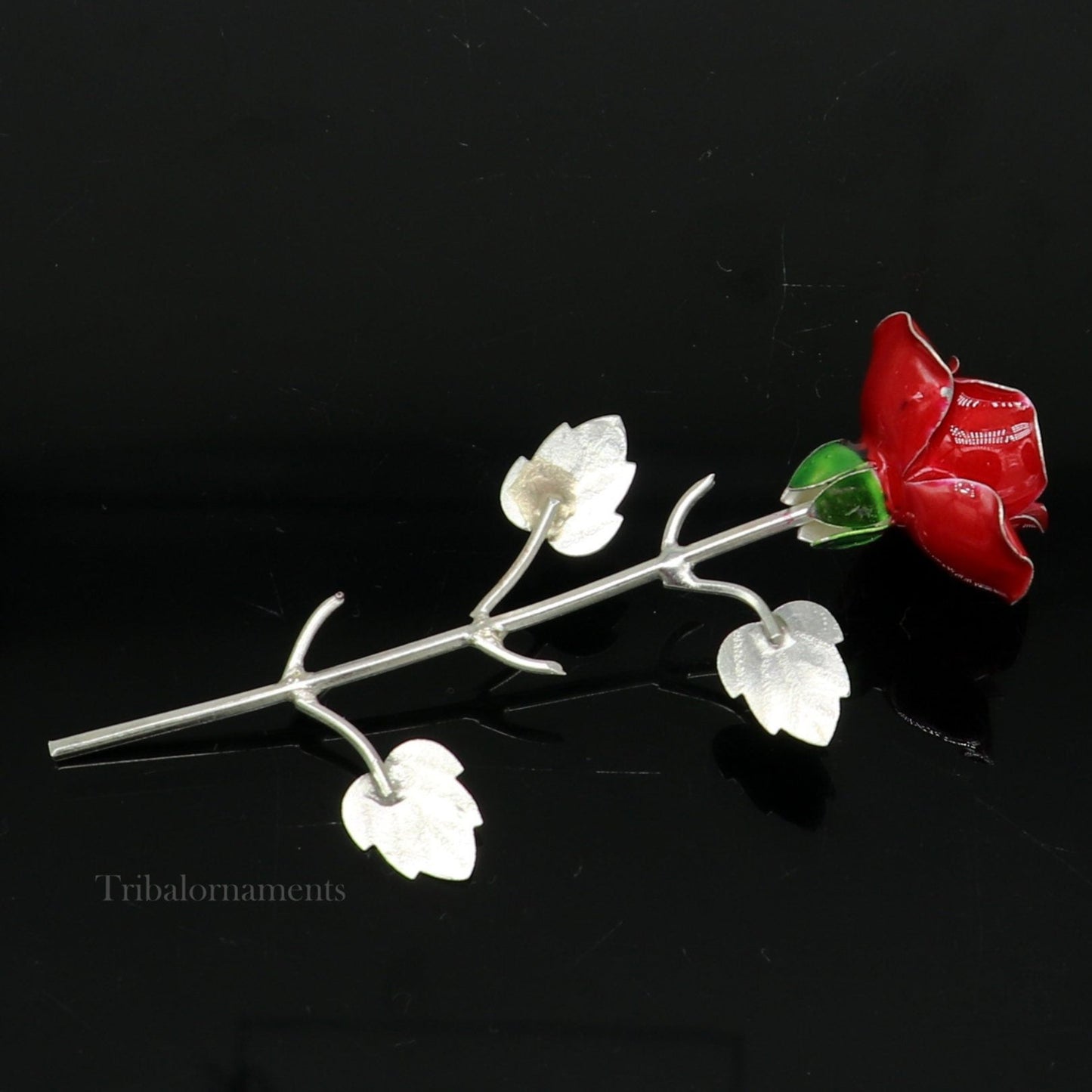 Solid sterling silver handmade small red Rose flower puja god temple article, excellent three color enamel silver worshipping articles su551 - TRIBAL ORNAMENTS