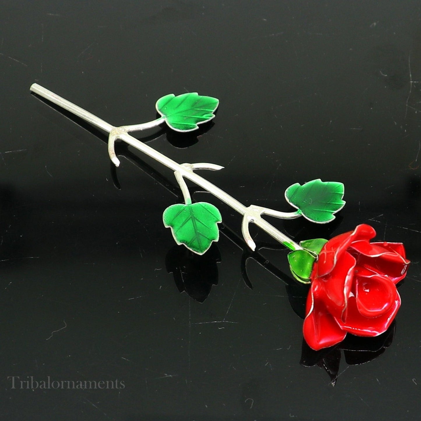 Solid sterling silver handmade small red Rose flower puja god temple article, excellent three color enamel silver worshipping articles su551 - TRIBAL ORNAMENTS