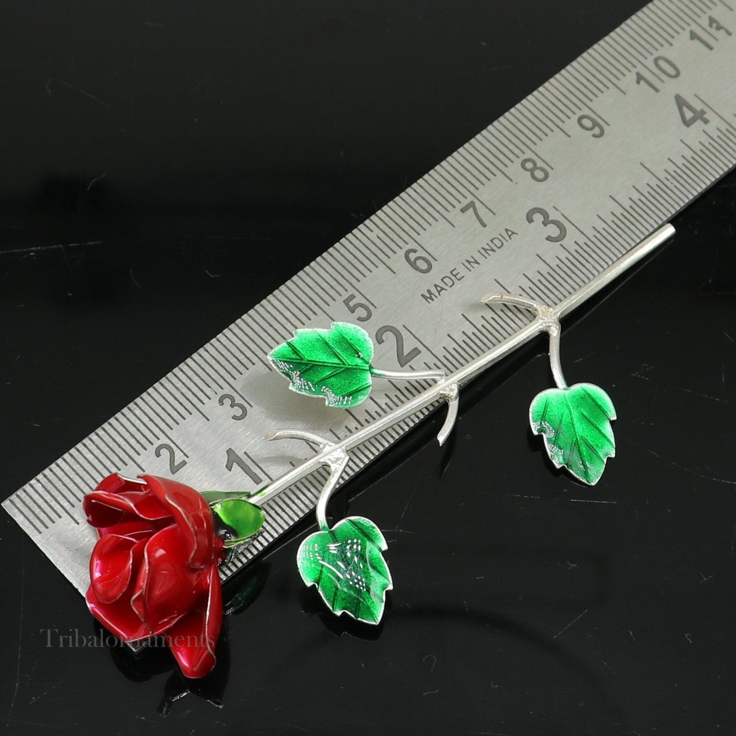 Solid sterling silver handmade small red Rose flower puja god temple article, excellent three color enamel silver worshipping articles su551 - TRIBAL ORNAMENTS