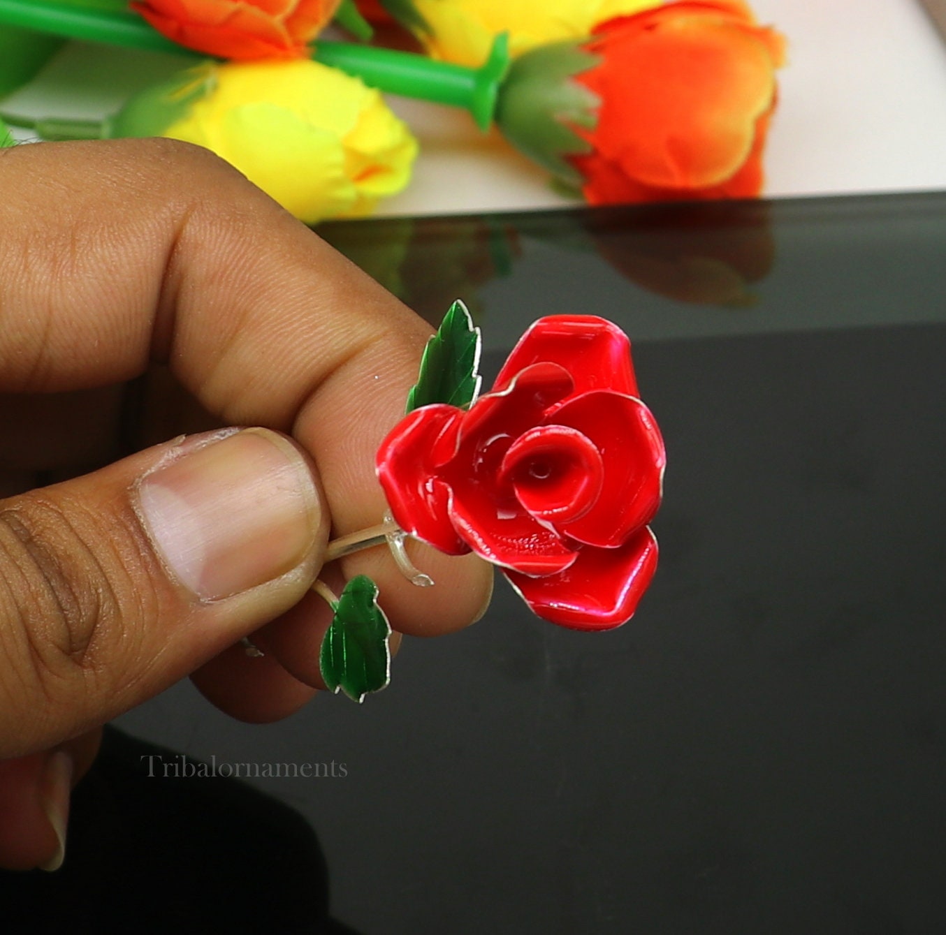 Solid sterling silver handmade small red Rose flower puja god temple article, excellent three color enamel silver worshipping articles su551 - TRIBAL ORNAMENTS