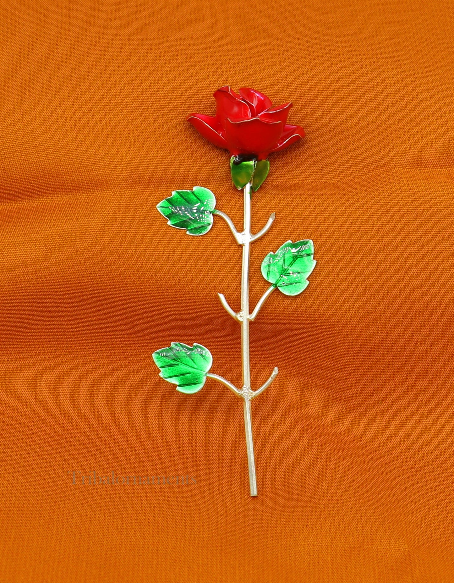 Solid sterling silver handmade small red Rose flower puja god temple article, excellent three color enamel silver worshipping articles su551 - TRIBAL ORNAMENTS