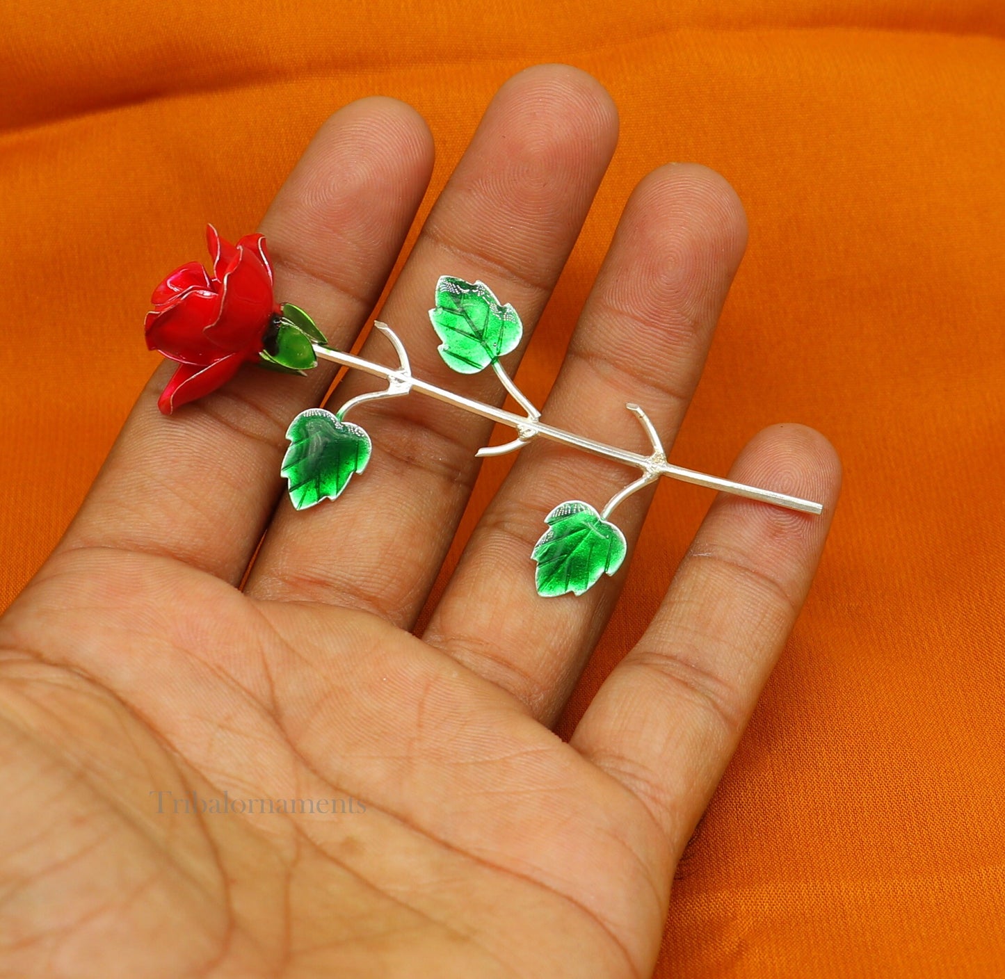 Solid sterling silver handmade small red Rose flower puja god temple article, excellent three color enamel silver worshipping articles su551 - TRIBAL ORNAMENTS