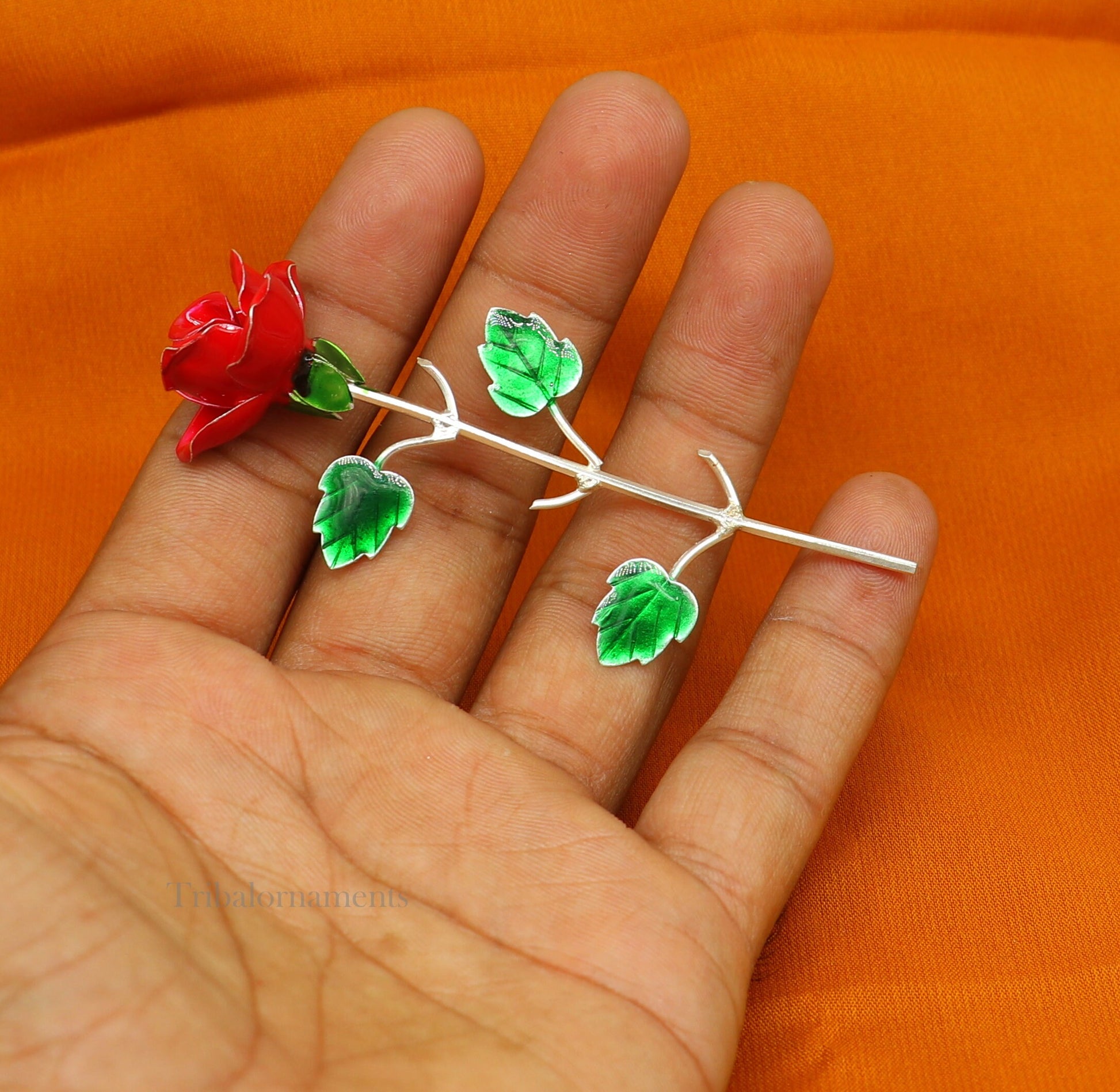 Solid sterling silver handmade small red Rose flower puja god temple article, excellent three color enamel silver worshipping articles su551 - TRIBAL ORNAMENTS