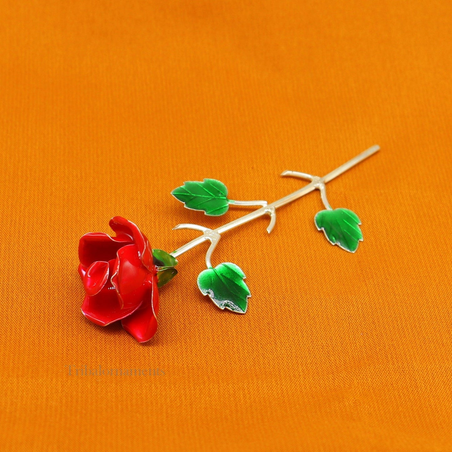 Solid sterling silver handmade small red Rose flower puja god temple article, excellent three color enamel silver worshipping articles su551 - TRIBAL ORNAMENTS