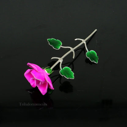Small 925 sterling silver rose flower puja deity article with three-color enamel, handmade tribal ornament for worship.