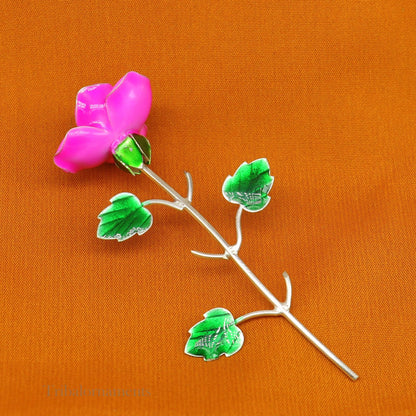 Small 925 sterling silver Rose flower Puja deity temple article with colorful enamel, handcrafted for worship by TRIBAL ORNAMENTS.