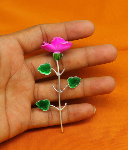 Small 925 sterling silver Rose flower puja god temple article with three-color enamel, handmade tribal ornaments for worship.