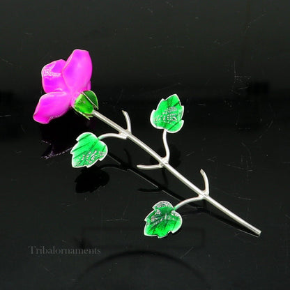 Small handmade sterling silver Rose flower puja temple article with colorful enamel, ideal for worship and religious offerings.