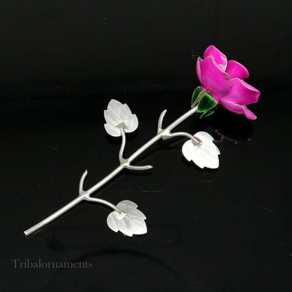 Handmade 925 sterling silver small rose flower puja god temple article with three-color enamel, ideal for worship and temple decor.