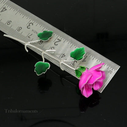Small sterling silver rose flower puja god temple article with colorful enamel detailing, ideal for worship and religious offerings.