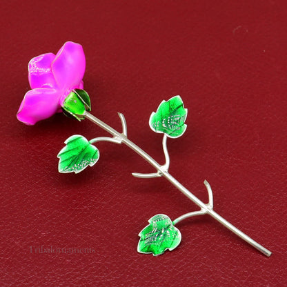 Small handmade 925 sterling silver rose flower puja god temple article with three-color enamel from Tribal Ornaments.
