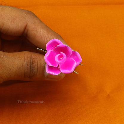 Small handmade 925 sterling silver rose flower puja deity temple article with three-color enamel, ideal for worship rituals.