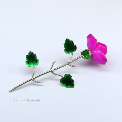 Small handmade 925 sterling silver rose flower puja god temple article with colorful enamel, ideal for worship rituals.
