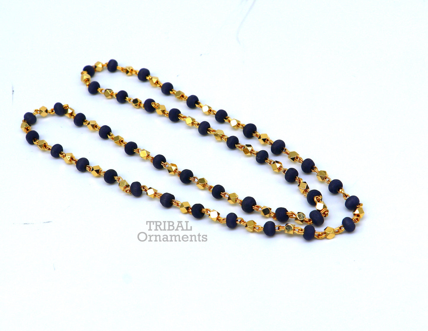 Sterling silver handmade wooden beads basil rosary beads silver chain over gold polished, black tulsi mala customized necklace ch161 - TRIBAL ORNAMENTS