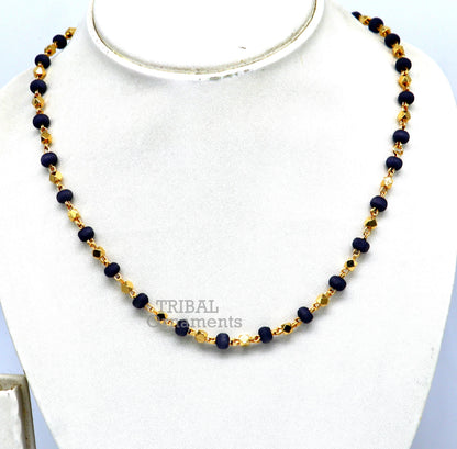 Sterling silver handmade basil rosary beads with wooden beads, silver chain, gold polish, and black tulsi mala necklace.