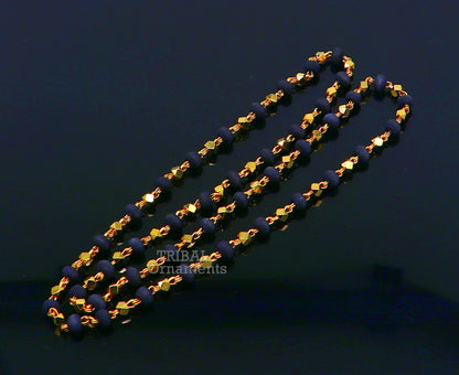 Sterling silver handmade basil rosary beads with wooden beads and silver chain over gold polished black tulsi mala necklace.