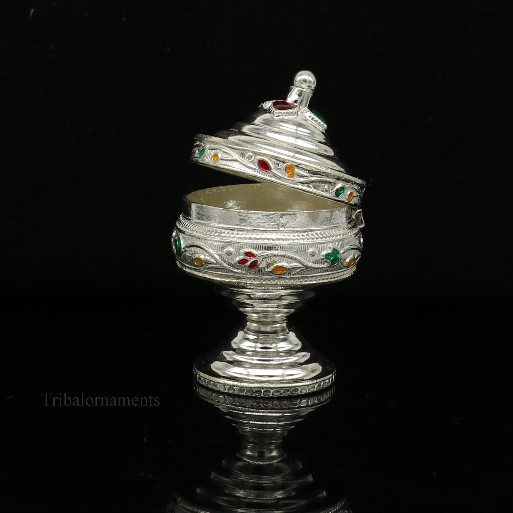 Solid sterling silver unique antique design handmade brides eyes kajal box, surma box, kumkum sindur box, small trinket box article stb233 - TRIBAL ORNAMENTS
