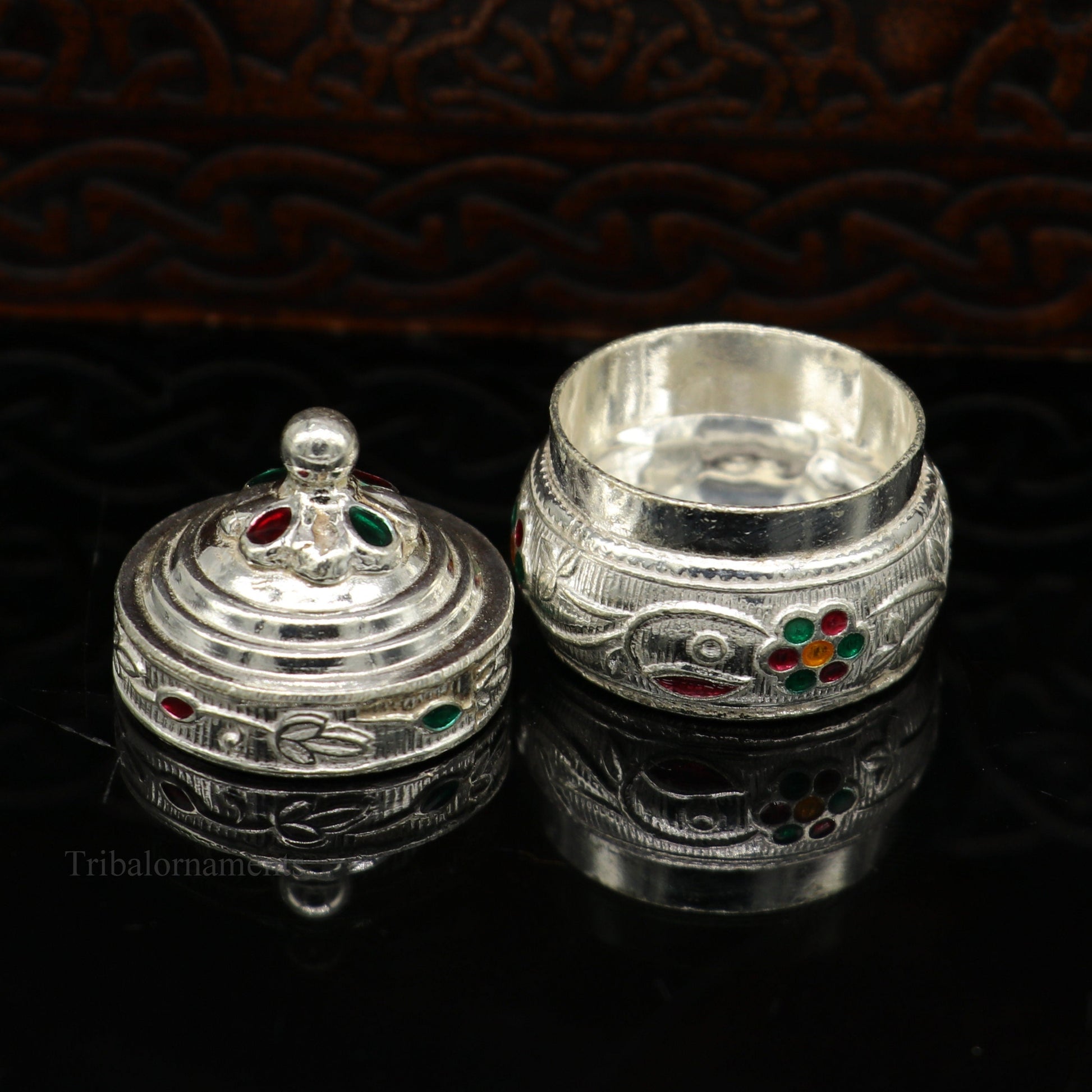 Solid sterling silver unique antique design handmade brides eyes kajal box, surma box, kumkum sindur box, small trinket box article stb240 - TRIBAL ORNAMENTS