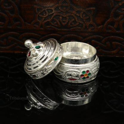 Solid sterling silver unique antique design handmade brides eyes kajal box, surma box, kumkum sindur box, small trinket box article stb240 - TRIBAL ORNAMENTS