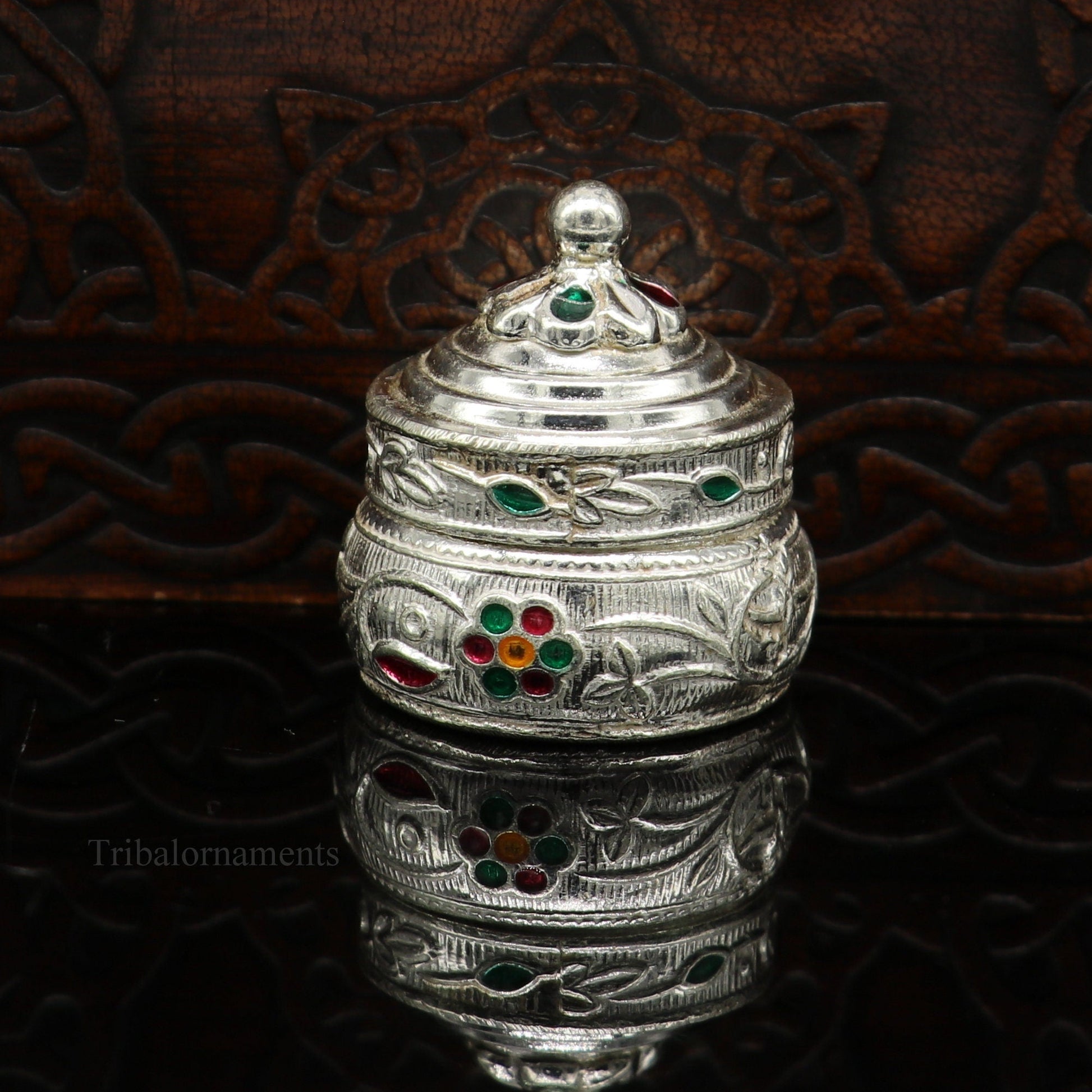Solid sterling silver unique antique design handmade brides eyes kajal box, surma box, kumkum sindur box, small trinket box article stb240 - TRIBAL ORNAMENTS
