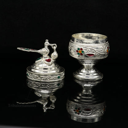 Solid sterling silver vintage peacock design handmade brides eyes kajal box, surma box, kumkum sindur box, small trinket box article stb248 - TRIBAL ORNAMENTS