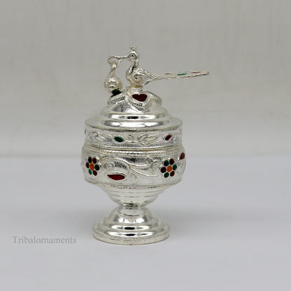 Solid sterling silver vintage peacock design handmade brides eyes kajal box, surma box, kumkum sindur box, small trinket box article stb248 - TRIBAL ORNAMENTS