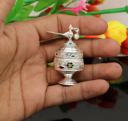 Vintage sterling silver peacock design bridal kajal, surma, kumkum, sindur, and trinket box with handmade craftsmanship.