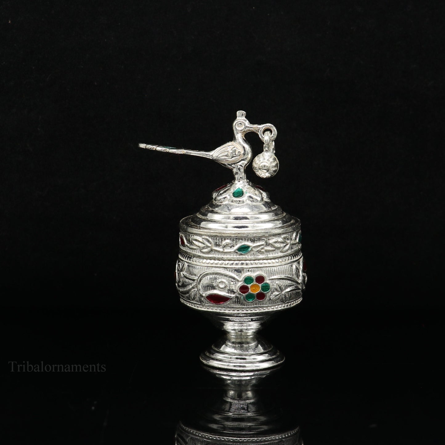 Solid sterling silver vintage peacock design handmade brides eyes kajal box, surma box, kumkum sindur box, small trinket box article stb249 - TRIBAL ORNAMENTS